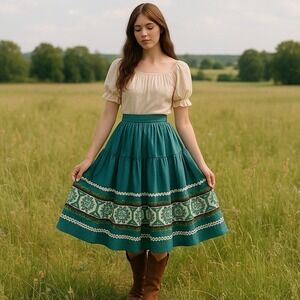 Vintage 70s Folk Embroidered Dirndl Skirt Boho Prairie Cottagecore Square Dance
